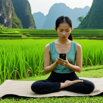 **

A serene individual meditating outdoors in Vietnam, focusing on their breath. Lush green rice paddies and distant mountains form a peaceful backdrop. Soft, natural lighting emphasizes the calm atmosphere. The person is using a phone with the Calm app open.

**