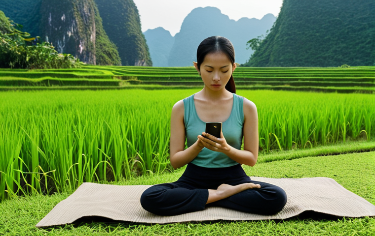 **
A serene individual meditating outdoors in Vietnam, focusing on their breath. Lush green rice paddies and distant mountains form a peaceful backdrop. Soft, natural lighting emphasizes the calm atmosphere. The person is using a phone with the Calm app open.
**