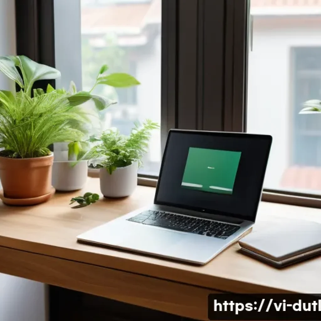 주의력 분산을 방지하는 방법 - A serene and minimalist home office workspace in a Vietnamese apartment, featuring a tidy wooden des...