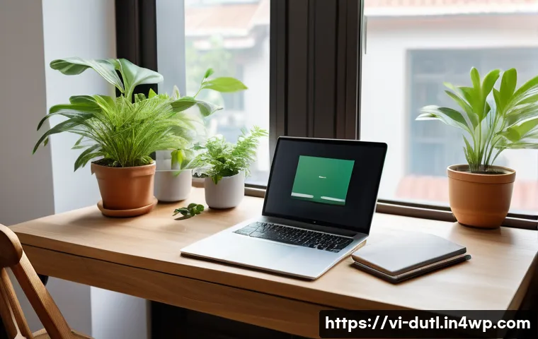 주의력 분산을 방지하는 방법 - A serene and minimalist home office workspace in a Vietnamese apartment, featuring a tidy wooden des...