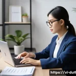 Home 22 디지털 주의력 관리의 실증적 연구 결과 - A modern Vietnamese office scene showing a young professional woman focused on her laptop at a tidy,...