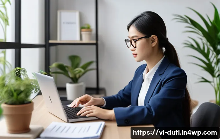 디지털 주의력 관리의 실증적 연구 결과 - A modern Vietnamese office scene showing a young professional woman focused on her laptop at a tidy,...
