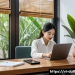 Home 21 디지털 주의력 관리와 정보 과부하 - A modern Vietnamese home office scene showing a young professional woman organizing her digital work...
