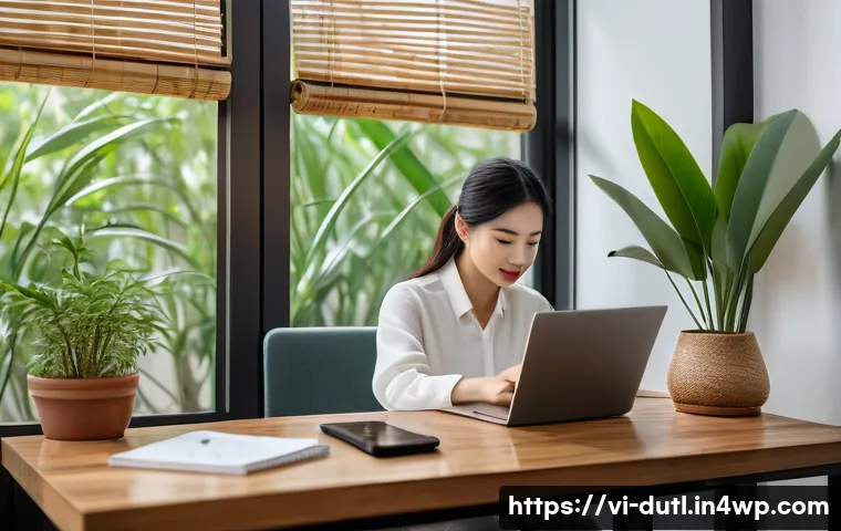 디지털 주의력 관리와 정보 과부하 - A modern Vietnamese home office scene showing a young professional woman organizing her digital work...