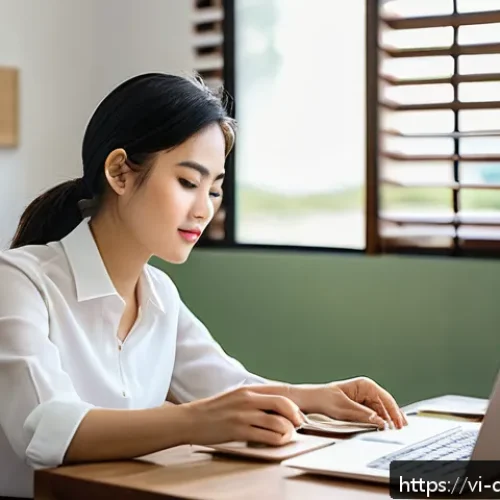 Home 32 디지털 환경에서의 생산성 향상 팁 - A modern Vietnamese home office scene showing a young professional woman focused on her laptop, with...