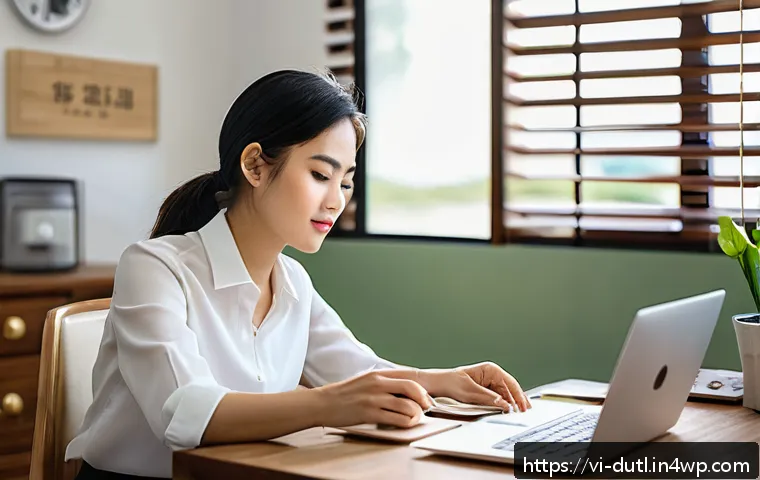 디지털 환경에서의 생산성 향상 팁 - A modern Vietnamese home office scene showing a young professional woman focused on her laptop, with...