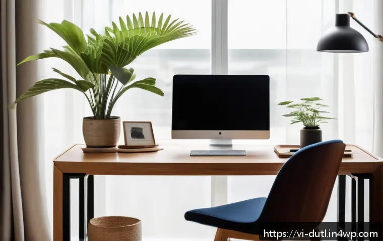 디지털 주의력 관리 워크숍 참가 가이드 - A modern, minimalist Vietnamese home office setup designed for high concentration: a clean wooden de...