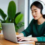 Home 18 디지털 주의력 테스트와 결과 해석 - A focused young Vietnamese woman sitting at a modern wooden desk in a bright, spacious room with lar...