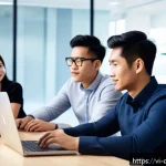 Home 23 디지털 주의력 관리 관련 자주 묻는 질문 - A modern Vietnamese startup office scene showing a diverse team of young professionals collaborating...